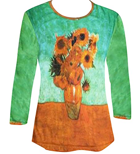 Van Gogh Vase with Sunflowers, 3/4 Sleeve Scoop Neck Illustrated Artistic Top