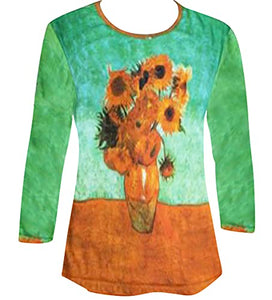 Van Gogh Vase with Sunflowers, 3/4 Sleeve Scoop Neck Illustrated Artistic Top