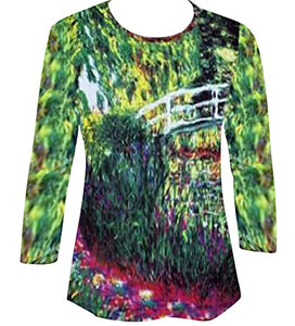 Monet Water Lily Pond, 3/4 Sleeve Hand Silk Screened Illustrated Art Fashion Top