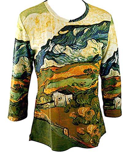 Van Gogh - Les Alpilles Mountain, 3/4 Sleeve Hand Silk-Screened Art Novelty Ladies Top