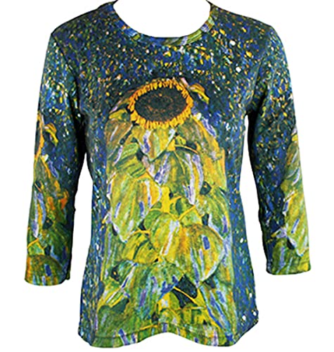 Gustav Klimt Sunflowers 3/4 Sleeve Scoop Neck Silk Screened Illustrated Art Top