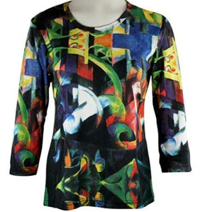 Franz Marc - Cattle, Hand Silk-Screened 3/4 Sleeve Scoop Neck Woman's Art Top