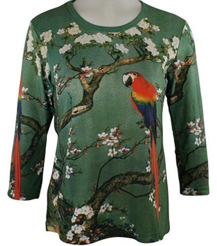 Bird on a Branch - Floral and Animal Art Themed 3/4 Sleeve Scoop Neck Ladies Top