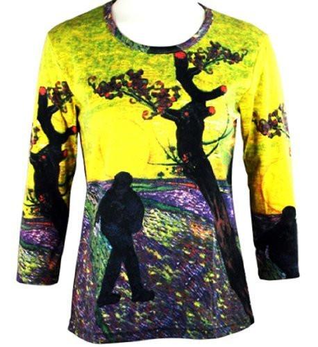 Van Gogh Sower at Dusk 3/4 Sleeve Scoop Neck Silk Screen Illustrated Art Ladies Top