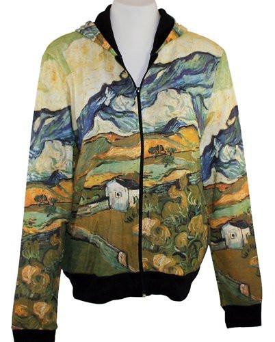 Van Gogh - Les Alpilles Mountain Hand Silk-Screened, Zippered Woman's Hooded Top