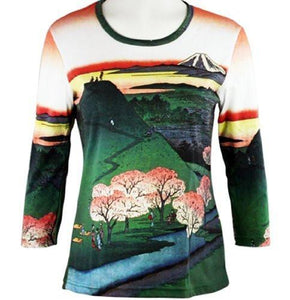 Hiroshige - New Fuji, 3/4 Sleeve, Scoop Neck Cotton Micro Blend Ladies Art ThemeTop