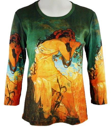 Alphonse Mucha Summer Maiden 3/4 Sleeve Hand Silk Screened Illustrated Artistic Top
