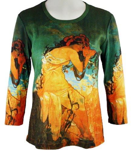 Alphonse Mucha Summer Maiden 3/4 Sleeve Hand Silk Screened Illustrated Artistic Top