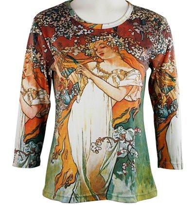 Alphonse Mucha - Spring Maiden 3/4 Sleeve Hand Silk Screened Illustrated Artistic Top