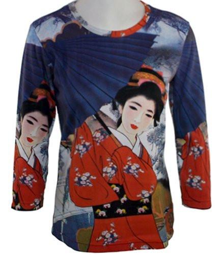 Japanese Art - Japanese Lady w/Blue Umbrella Hand Silk-Screened 3/4 Sleeve Top