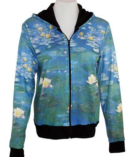 Claude Monet - Water Lilies, Long Sleeve Zippered Front Woman's Hooded Artistic Top