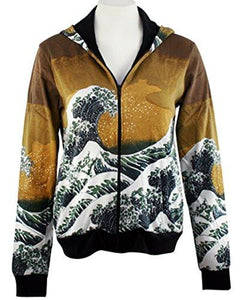 Hokusai - The Great Wave, Long Sleeve Zippered Hand Silk Screened Hoodie