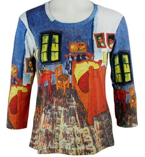 Van Gogh - Bed, 3/4 Sleeve Scoop Neck Silk Sceened Cotton Micro Blend Ladies Art Top