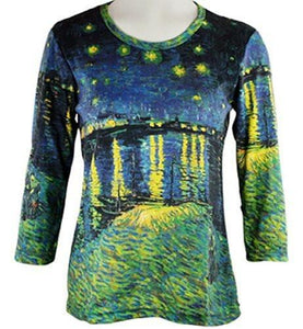 Van Gogh - Starry Night Over the Rhone, 3/4 Sleeve, Scoop Neck Art Theme Top