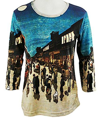 Hiroshige - Night View in Sarukawa-Mach, 3/4 Sleeve Scoop Neck Silk Screen Art Top