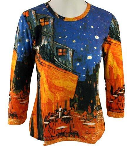 Van Goghs - Cafe Terrace, Hand Silk-Screened 3/4 Sleeve Art Themed Ladies Top