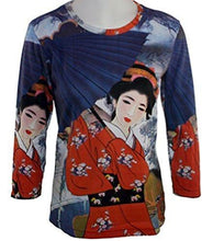 Load image into Gallery viewer, Japanese Art - Japanese Lady w/Blue Umbrella Hand Silk-Screened 3/4 Sleeve Top