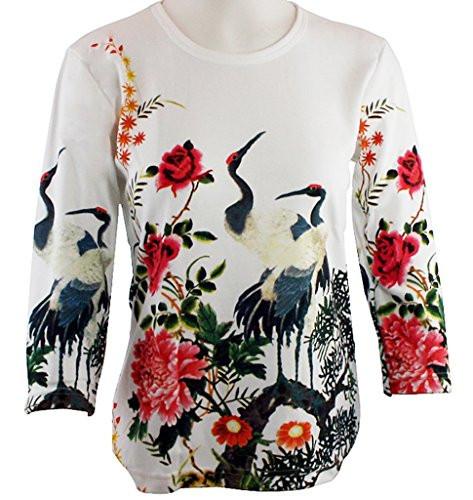 Animal Art Works -Two Cranes on a Branch Hand Silk-Screened, Cotton Micro Blend Top