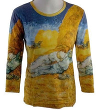 Load image into Gallery viewer, Van Gogh - Rest Work, Hand Silk-Screened 3/4 Sleeve, Scoop Neck Ladies Artistic Top