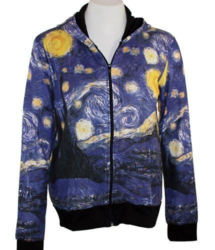 Van Gogh - Starry Night, Long Sleeve Zippered Front Woman's Hooded Artistic Top
