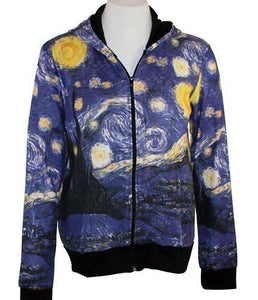 Van Gogh - Starry Night, Long Sleeve Zippered Front Woman's Hooded Artistic Top
