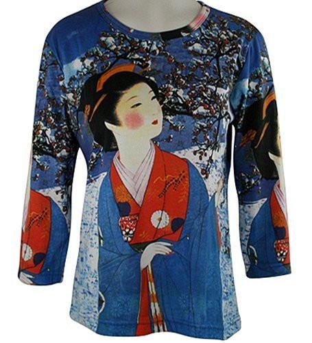 Japanese Art Works - Winter Geisha, 3/4 Sleeve, Scoop Neck Women's Artistic Top