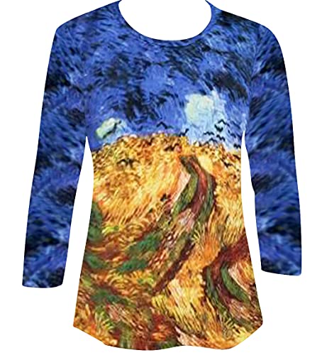 Van Gogh Wheat with Crows 3/4 Sleeve Hand Silk Screened Fashion Art Top