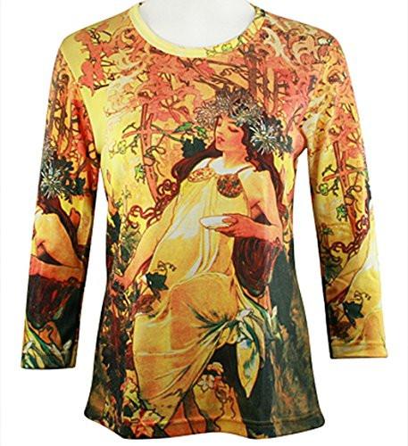 Alphonse- Mucha - Autumn Maiden, Scoop Neck, 3/4 Sleeve Illustrated Art Women's Top