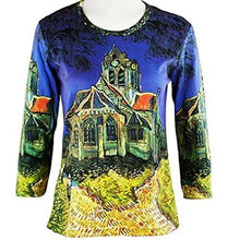 Load image into Gallery viewer, Van Gogh Church at Auvers, 3/4 Sleeve Scoop Neck Hand Silk Screen Illustrated Art Top