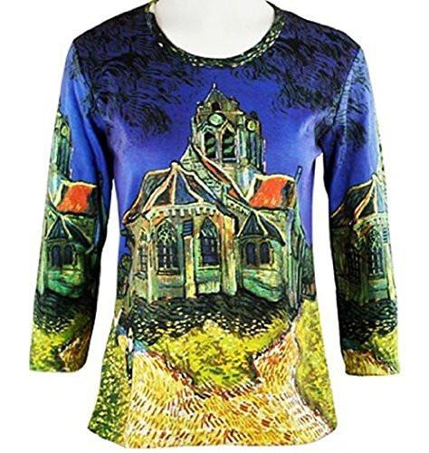 Van Gogh Church at Auvers, 3/4 Sleeve Scoop Neck Hand Silk Screen Illustrated Art Top