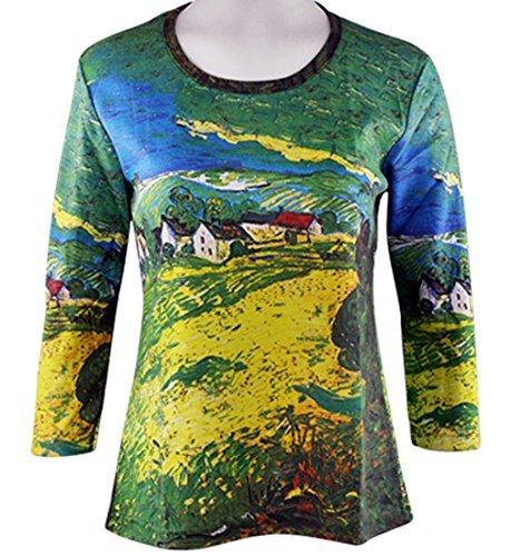 Van Gogh - Landscape, 3/4 Sleeve, Scoop Neck, Hand Silk Screened Illustrated Art Top