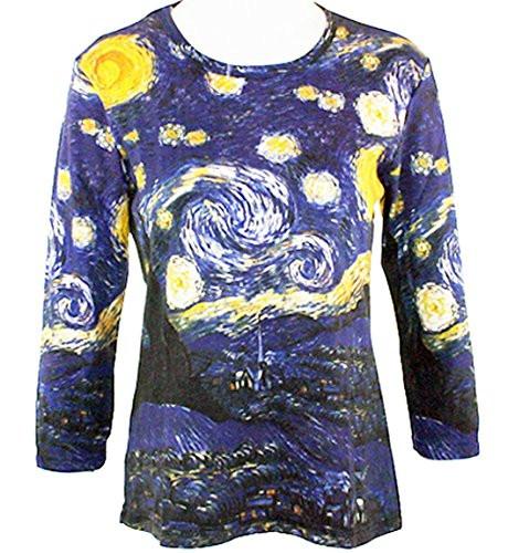 Van Gogh - Starry Night, 3/4 Sleeve, Scoop Neck, Hand Silk Screened Artistic Top