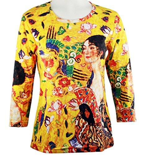 Gustav Klimt Donna con Ventaglio, Scoop Neck Hand Silk Screen 3/4 Sleeve Artistic Top