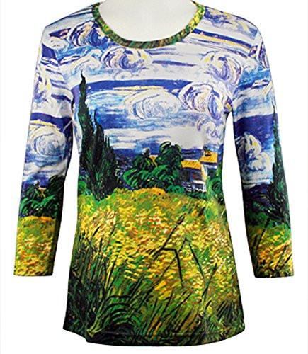 Van Gogh - Green Wheat Field, Scoop Neck, Hand Silk Screened 3/4 Sleeve Artistic Top