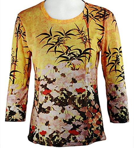 Kano Shigenobu - Wheat Poppies & Bamboo, 3/4 Sleeve, Scoop Neck, Silk Screened Top