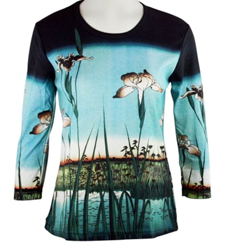 Hiroshige - Iris Gardenn, 3/4 Sleeve, Scoop Neck Woman's Art Themed Fashion Top