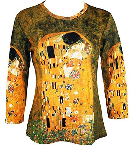 Gustav Klimt - Kiss, Scoop Neck 3/4 Sleeve Hand Silk-Screened Novelty Art Top