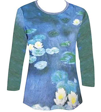 Monet White Water Lily 3/4 Sleeve Hand Silk Screen Illustrated Art Fashion Top