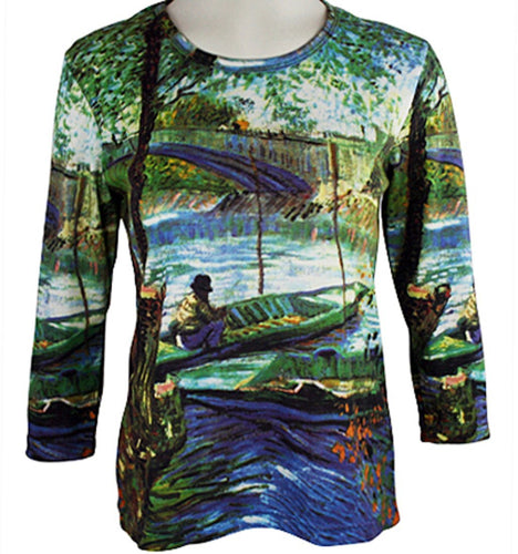 Van Gogh - Boat in Pond, 3/4 Sleeve Scoop Neck Art Themed Women's Top