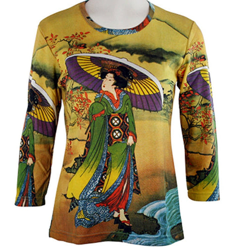 Japanese Art Works - Yellow & Purple Japanese Umbrella 3/4 Sleeve Ladies Artistic Top
