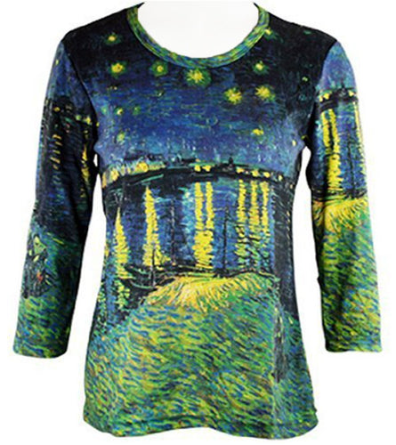 Van Gogh - Starry Night Over the Rhone, 3/4 Sleeve, Scoop Neck Art Theme Top