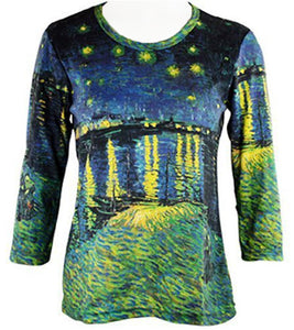 Van Gogh - Starry Night Over the Rhone, 3/4 Sleeve, Scoop Neck Art Theme Top