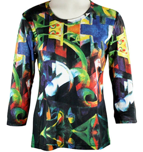 Franz Marc - Cattle, Hand Silk-Screened 3/4 Sleeve Scoop Neck Woman's Art Top