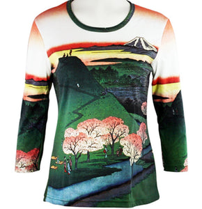 Hiroshige - New Fuji, 3/4 Sleeve, Scoop Neck Cotton Micro Blend Ladies Art ThemeTop