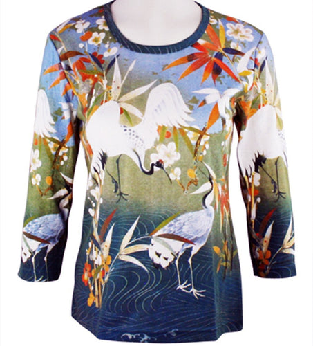 Animal Art Works - Cranes Near Water, 3/4 Sleeve Hand Silk Sceened Artistic Top