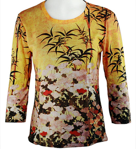 Kano Shigenobu - Wheat Poppies & Bamboo, 3/4 Sleeve, Scoop Neck, Silk Screened Top