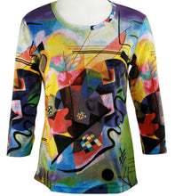Load image into Gallery viewer, Kandinsky Gelb Rot Blau, 3/4 Sleeve Scoop Neck Hand Silk Screened Illustrated Art Top
