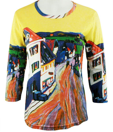 Kandinsky - Old Town, 3/4 Sleeve, Scoop Neck, Hand Silk Screened Illlustrated Art Top