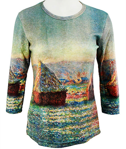 Claude Monet - Haystacks, 3/4 Sleeve, Scoop Neck, Hand Silk Screened Art Themed Top