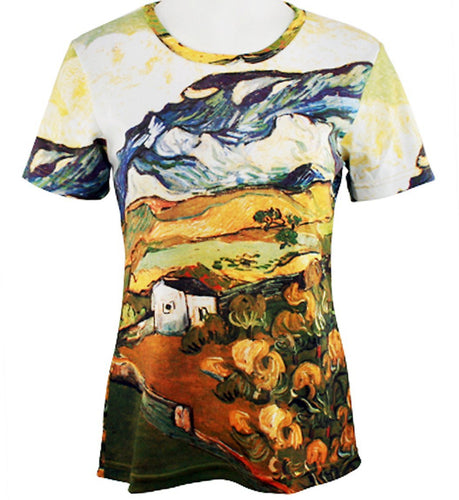 Van Gogh - Les Alpilles Mountain, Short Sleeve Scoop Neck Silk Screened Artistic Top
